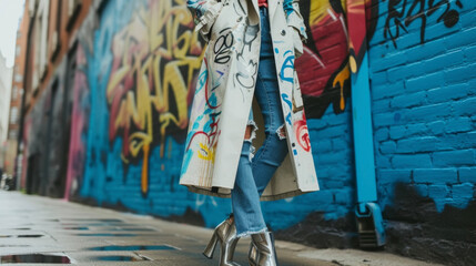 A longline trench coat with graffiti lettering and printed designs paired with ripped jeans and...