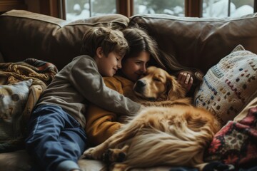 Obraz premium A heartwarming scene of parents, children, and their dog cuddled together on the couch, sharing smiles