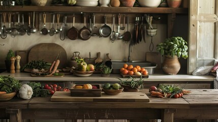Fototapeta premium A rustic kitchen scene with a wooden table full of organic produce ready for cooking
