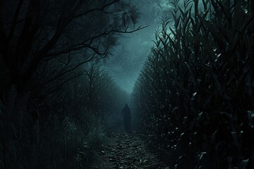 A lone figure wanders through a towering corn maze at night, moonlight filtering through the leaves, creating eerie shadows and whispers of unseen creatures.