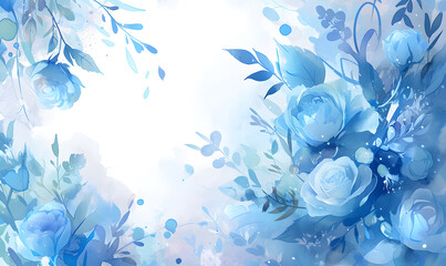 blue flower rose frame watercolor background, Generative AI 