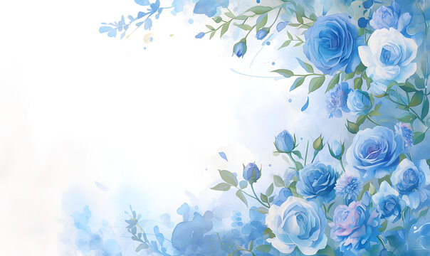 blue flower rose frame watercolor background, Generative AI 