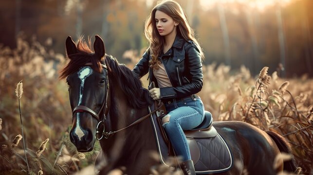 A graceful cowgirl on a horse wearing jeans a leather jacket and boots Slim and athletic body Portrait in nature Equestrian scene