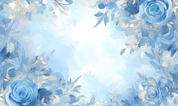 blue flower rose frame watercolor background, Generative AI 