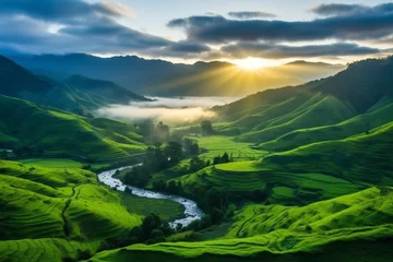 Tuinposter Incredible panoramic view of vibrant sunrise illuminating picturesque mountain rice paddies © Russell Zanaggy