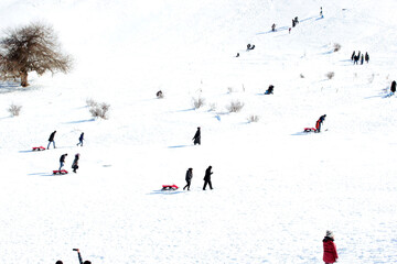 people sliding down the mountainside