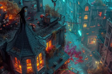 A mischievous spirit, perched on a rooftop overlooking a bustling Halloween street