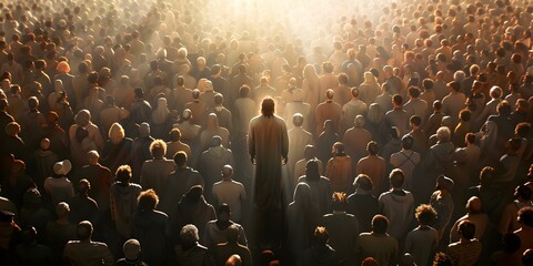 Jesus standing amidst a large gathering of diverse individuals. Concept Religious Unity, Spiritual Gathering, Jesus and Diversity, Inclusive Faith, Multicultural Worship - obrazy, fototapety, plakaty