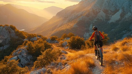 Fototapeta premium Cyclist Riding the Bike in the Beautiful Mountains Down the Rock on the Sunrise Sky Background. Extreme Sport and Enduro Biking Concept