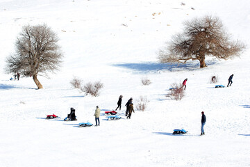 people sliding down the mountainside