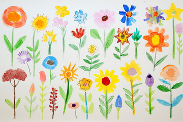 Fototapeta na wymiar Drawing pictures of cute color flowers by children