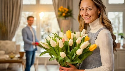 Mężczyzna wręczający kobiecie bukiet tulipanów z okazji Dnia Kobiet.