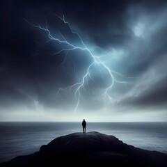 A lone figure standing atop a cliff overlooking a stormy sea, their silhouette illuminated by flashes of lightning as they contemplate the tumultuous journey ahead