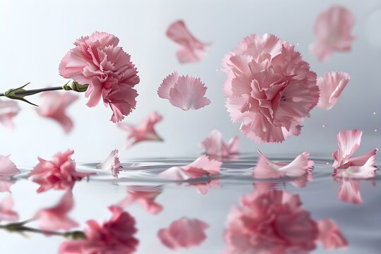 Graceful Pink Carnation Flower and Petals Adrift in Solitude against a White Background. Concept Floral Elegance, Solitary Beauty, Pink Carnation, White Background, Petal Perfection
