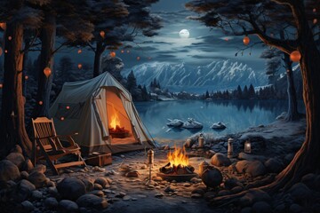 a campfire next to a tent - obrazy, fototapety, plakaty