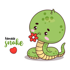 Cute little snake with flower. Funny kawaii cartoon character. Vector illustration