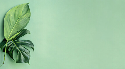 Monstera leaf in a light green background copy space for text, Philodendron tropical leaves summer backdrop banner