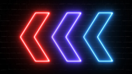 Neon Glowing arrow on brick background. Colorful and shining retro light arrow sign. Realistic shining signboard. 