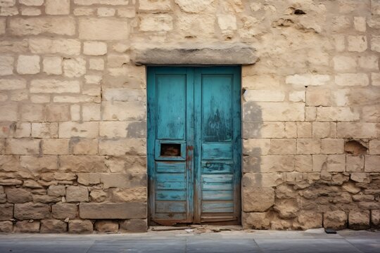 a blue door in a stone building