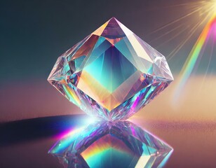 illustration of transparent crystal, diamond like gemstone reflection on light glow with rai - obrazy, fototapety, plakaty