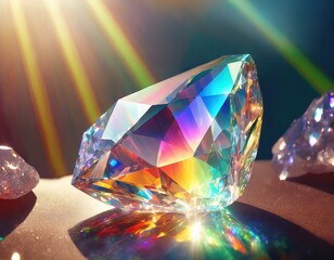 illustration of transparent crystal, diamond like gemstone reflection on light glow with rai - obrazy, fototapety, plakaty