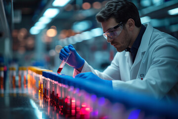 An image of a scientist researching new blood testing methods in a laboratory setting,