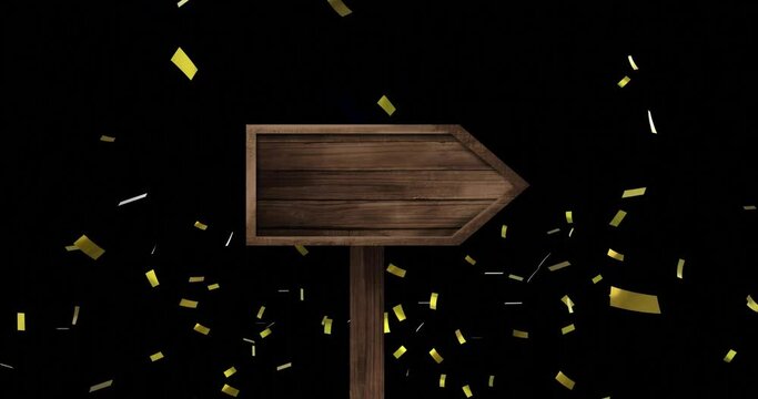 Animation of gold confetti over black wooden signpost on black background