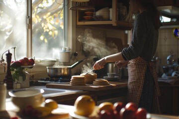 A warm kitchen scene captures the simple pleasure of making breakfast