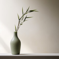 Contemporary vase with green bamboo leaves, against a textured backdrop, perfect for modern home decor and simplicity themes.