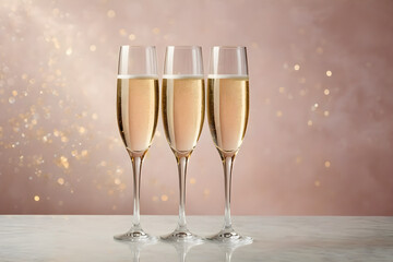 Three champagne glasses awaiting a celebratory toast, crystal clarity, simplistic elegance, on a soft-focused, single-color background, hues of gentle pastels. Generative AI