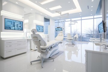 Fototapeta na wymiar Bright and modern dental office interior with professional equipment and comfortable waiting area