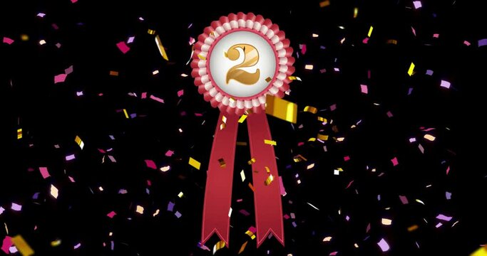Animation of red and white rosette with number 2 and falling confetti on black background