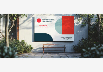 Outdoor Street Poster Mockup: Bench in Front Of White Wall with Canvas, Trees, and Garden Area Outside Street Poster Mockup - obrazy, fototapety, plakaty
