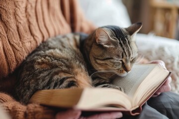 An elderly person reading a book with their cat curled up on their lap, enjoying peaceful companionship