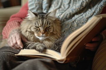 An elderly person reading a book with their cat curled up on their lap, enjoying peaceful companionship