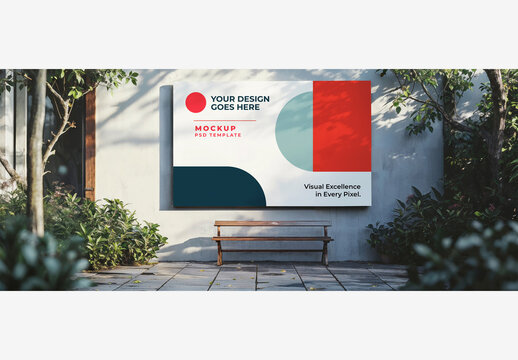 Outdoor Street Poster Mockup: Bench in Front Of White Wall with Canvas, Trees, and Garden Area Outside Street Poster Mockup