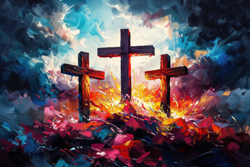 Dynamic impressionistic painting of the three crosses on the Mount of Golgotha, with vivid colors and energetic brushstrokes. - obrazy, fototapety, plakaty