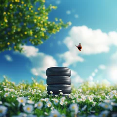 Poster Im Rahmen summer car tires on the street outside in the blooming spring. © Igor
