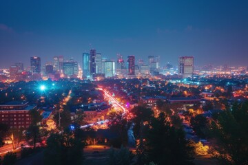 Obraz premium Bustling city skyline illuminated in red, white, and blue lights, reflecting the festive spirit of the day