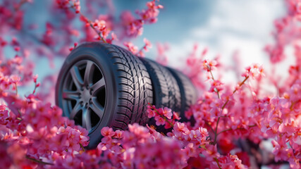 summer car tires on the street outside in the blooming spring sakura - obrazy, fototapety, plakaty