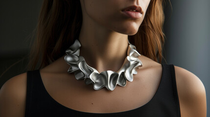 A modern sculptural necklace made entirely of 3D printed metal adding an avantgarde touch to any outfit. - obrazy, fototapety, plakaty
