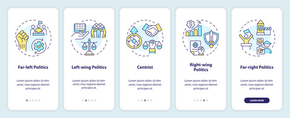 Political polarization onboarding mobile app screen. Walkthrough 5 steps editable graphic instructions with linear concepts. UI, UX, GUI template. Myriad Pro-Bold, Regular fonts used