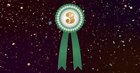 Animation of green and white rosette with number 3 and falling confetti on black background - Powered by Adobe