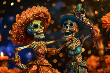 Celebrate Dia de Muertos with a vibrant scene of brightly decorated sugar skulls dancing and singing under a starry sky