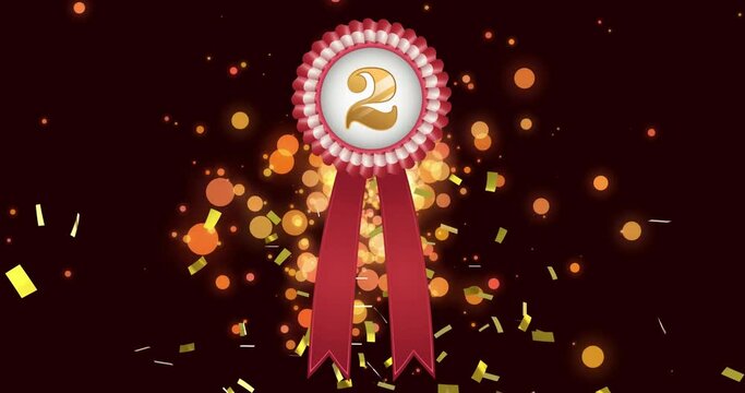 Animation of rosette with number 2 and falling confetti and orange light spots on black background