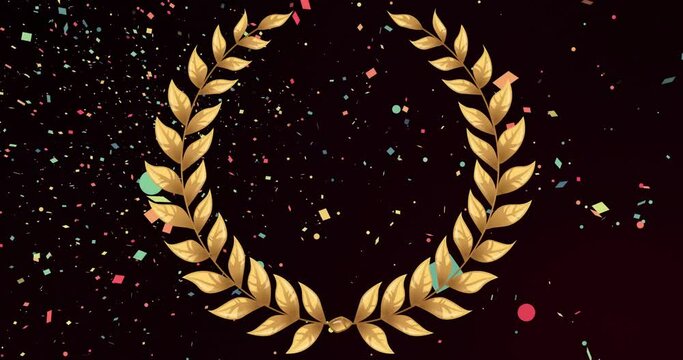 Animation of gold laurel wreath and falling confetti on black background