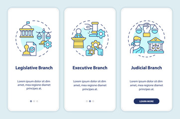 Branches of government onboarding mobile app screen. Walkthrough 3 steps editable graphic instructions with linear concepts. UI, UX, GUI template. Myriad Pro-Bold, Regular fonts used