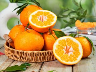 Chinese orange variety (Citrus reticulata 'Chun Jian' or papagan), close-up on tabletop indoors