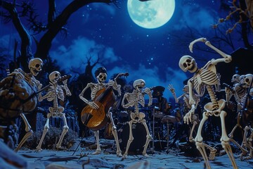 Naklejka premium Depict a band of animated skeletons playing instruments made of bones, their music echoing through a moonlit graveyard.