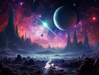 Fototapeta premium Fantastic planet, neon colors, magical lights in the galaxy